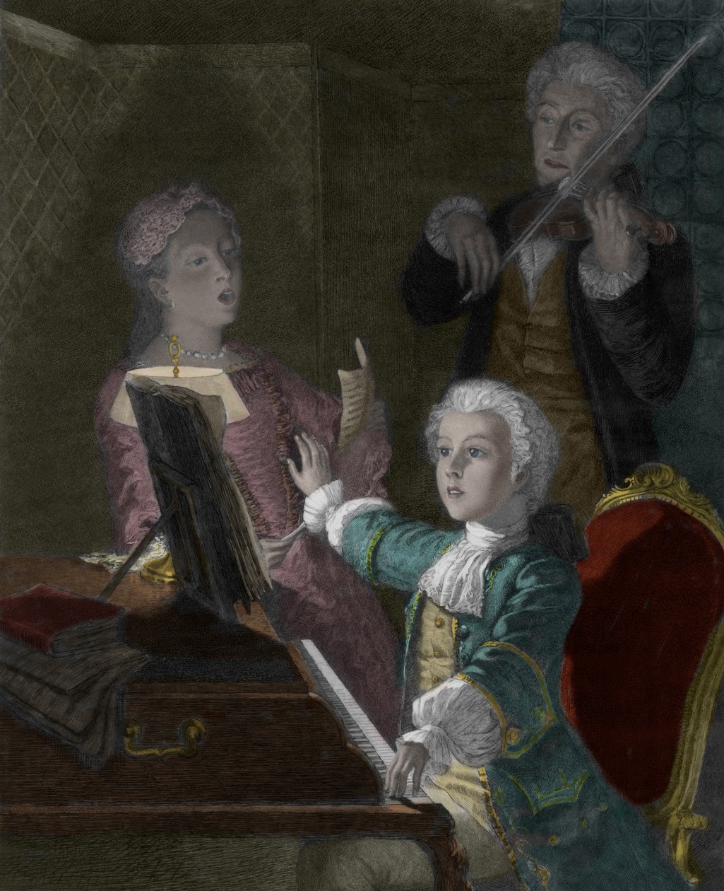 Wolfgang Amadeus Mozart isänsä Leopoldin ja sisarensa Marie-Annen kanssa. tekijältä Victor Louis Focillon