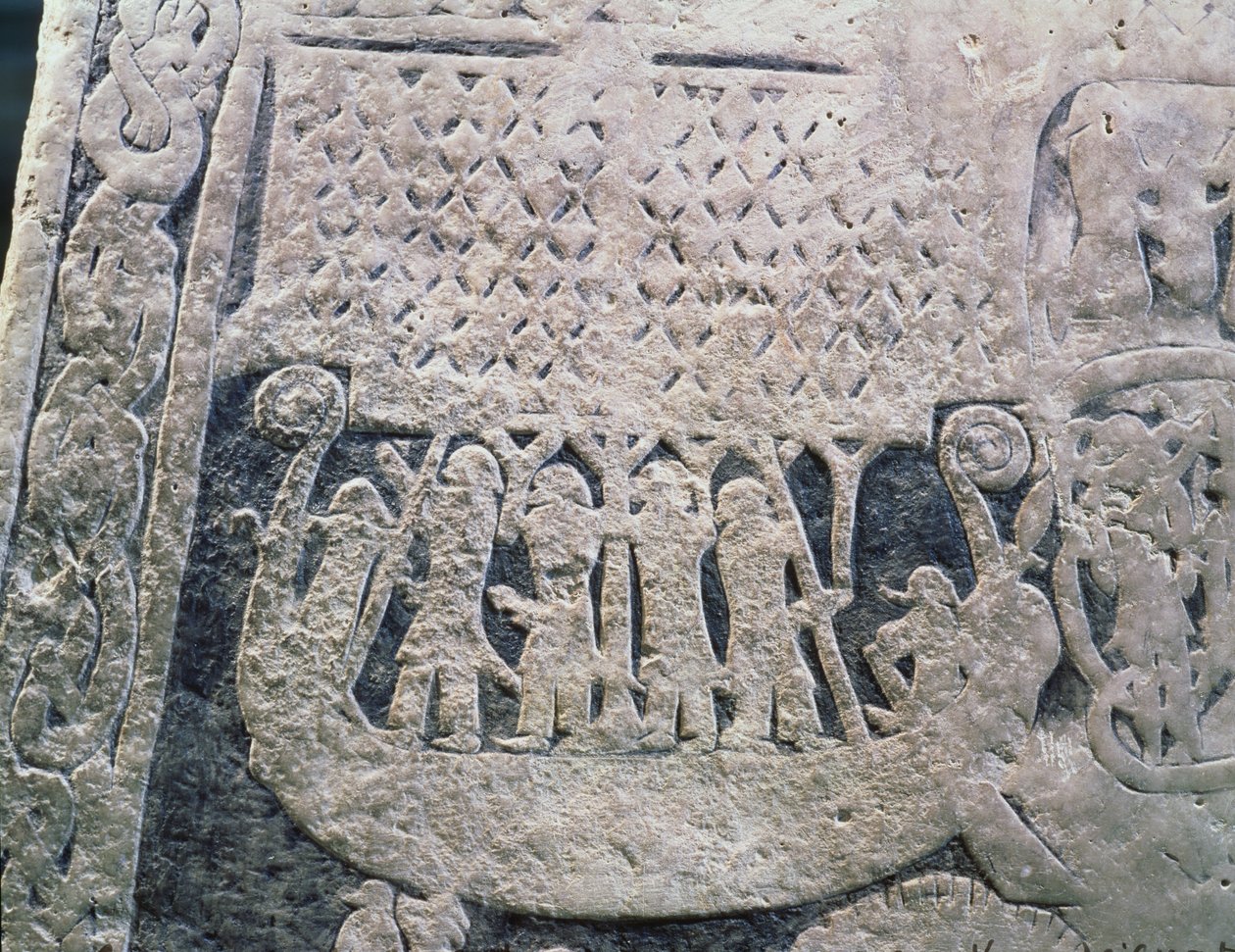 Yksityiskohta kuvakivestä, joka kuvaa vainajan viimeistä matkaa, Gotlannin saaren kivestä tekijältä Viking