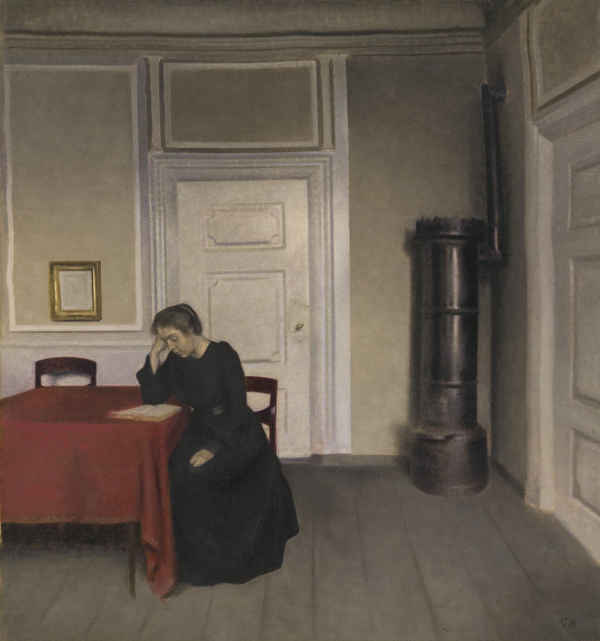 Sisätilat ja lukeva nainen tekijältä Vilhelm Hammershoi