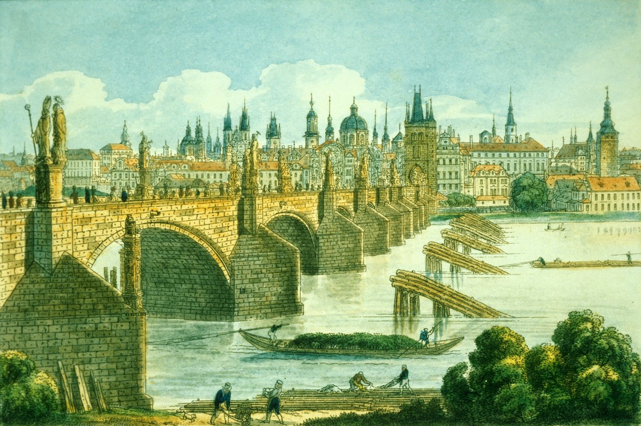 Prahan vanhakaupunki Kampan saarelta, n. 1830 (värillinen etsaus) tekijältä Vincenc Morstadt