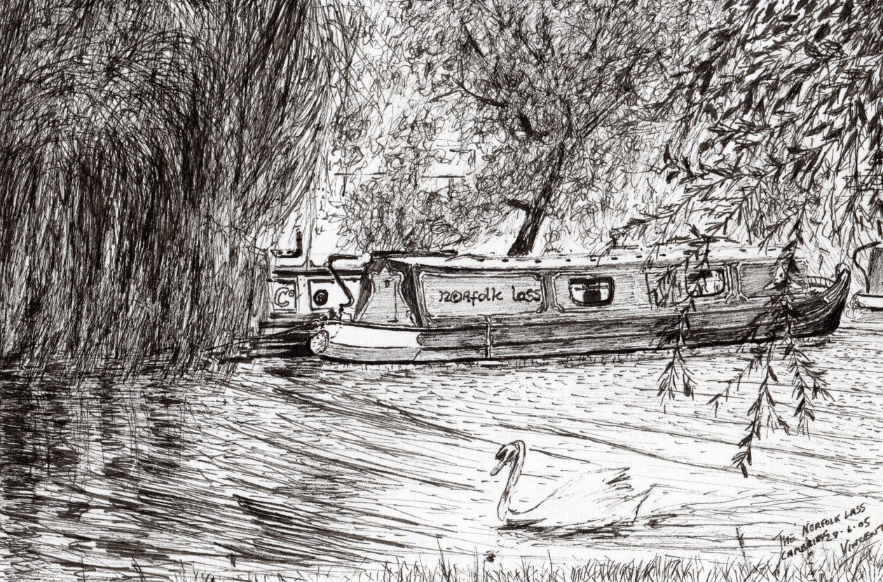 Narrow boats Cambridge, 2005, (tussi paperille) tekijältä Vincent Alexander Booth
