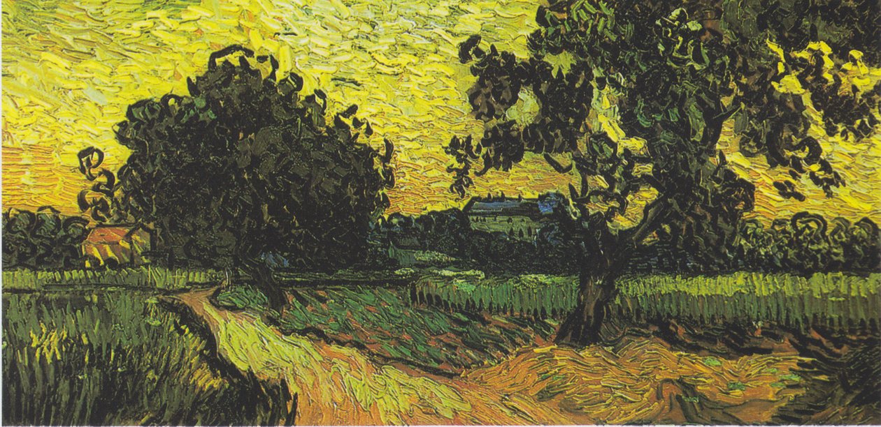 Maisema Auversin linnan kanssa auringonlaskun aikaan tekijältä Vincent van Gogh