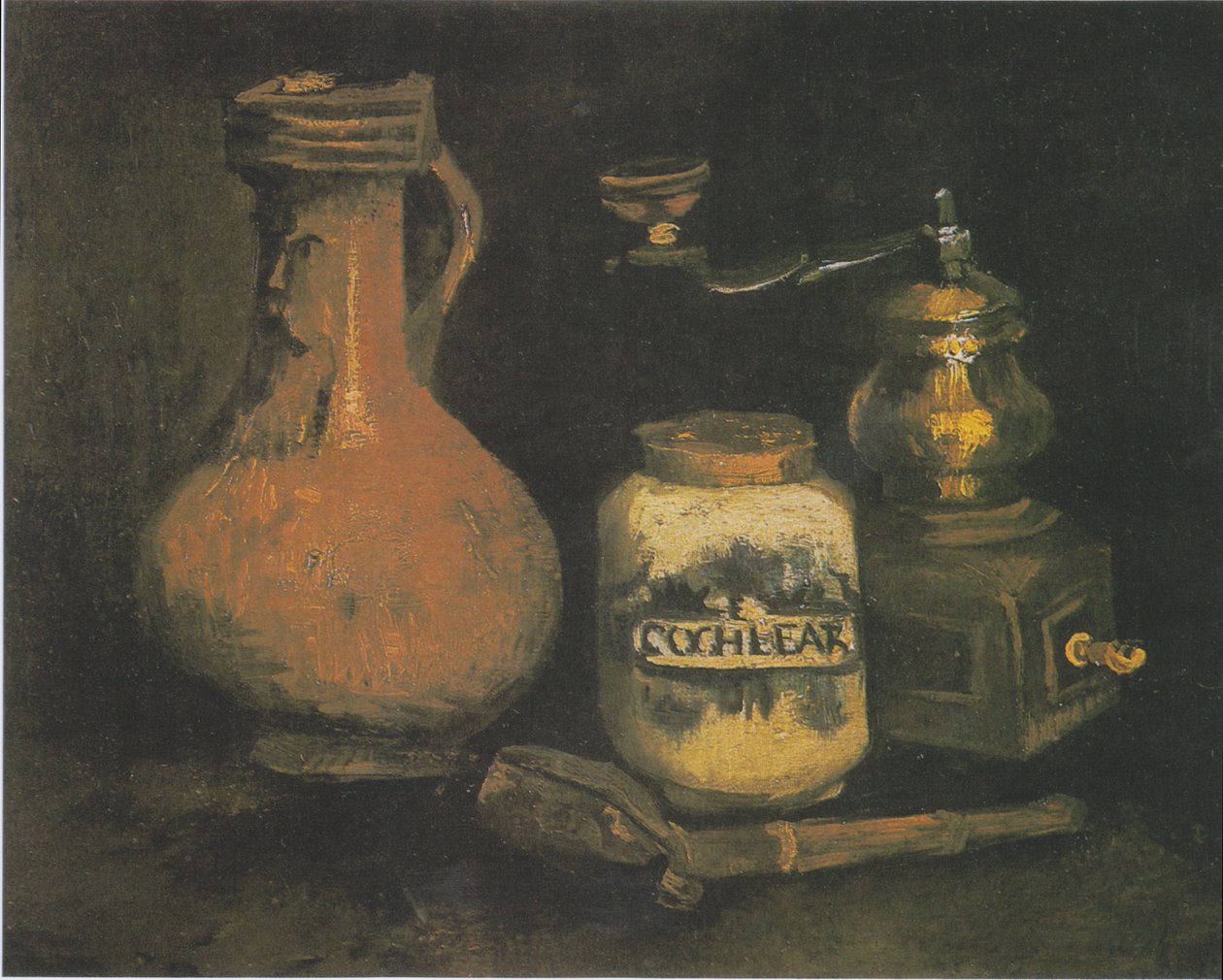 Asetelma Bartmann -mukin, kahvimyllyn ja putkikotelon kanssa tekijältä Vincent van Gogh