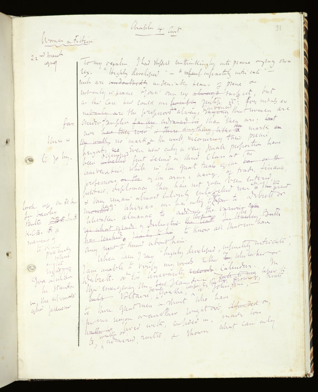 Ms 1-1942, s.91 Sivu julkaisusta Women in Fiction, julkaistu nimellä A Room of Ones Own, 1929 (muste paperilla) tekijältä Virginia Woolf
