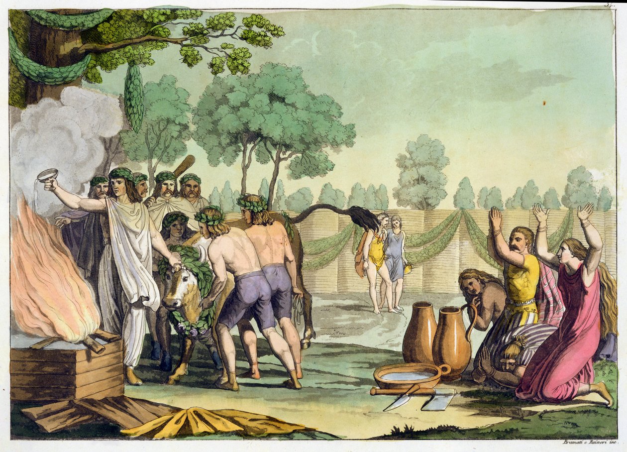 Muinaiset keltit tai gallialaiset uhraavat lehmän, n. 1800-1818 tekijältä Vittorio Raineri
