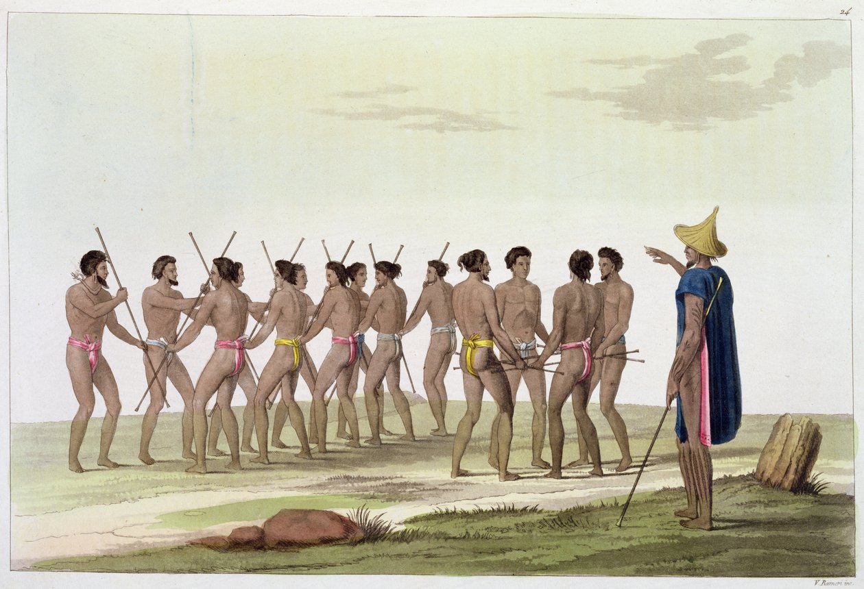 War Dance of the Caroline Islanders, levy 22 Jules Ferrarion "Le Costume Ancien et Modernesta", julkaistu noin 1820-30-luvulla tekijältä Vittorio Raineri
