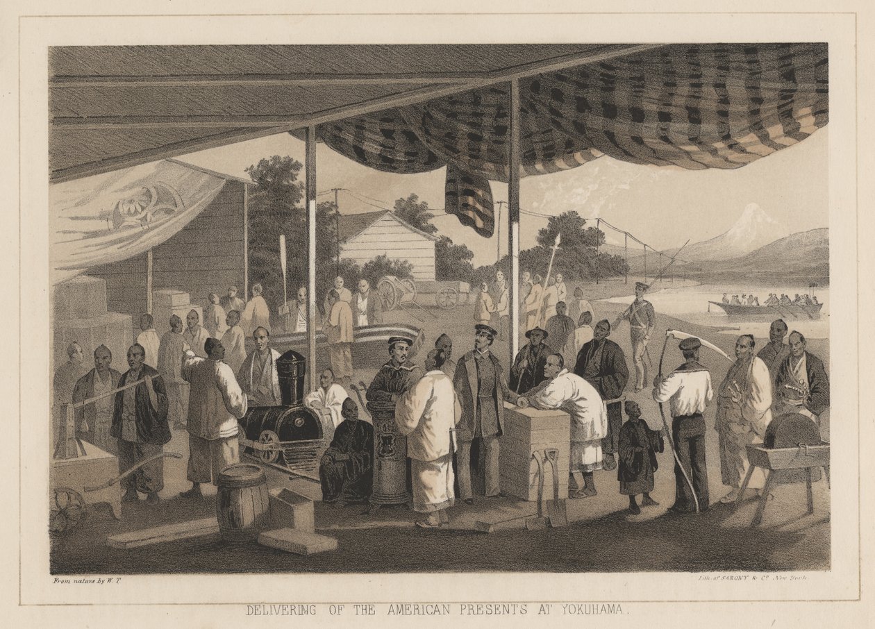 Amerikkalaisten lahjojen luovuttaminen Yokuhamassa, 1855. tekijältä W. T. Peters