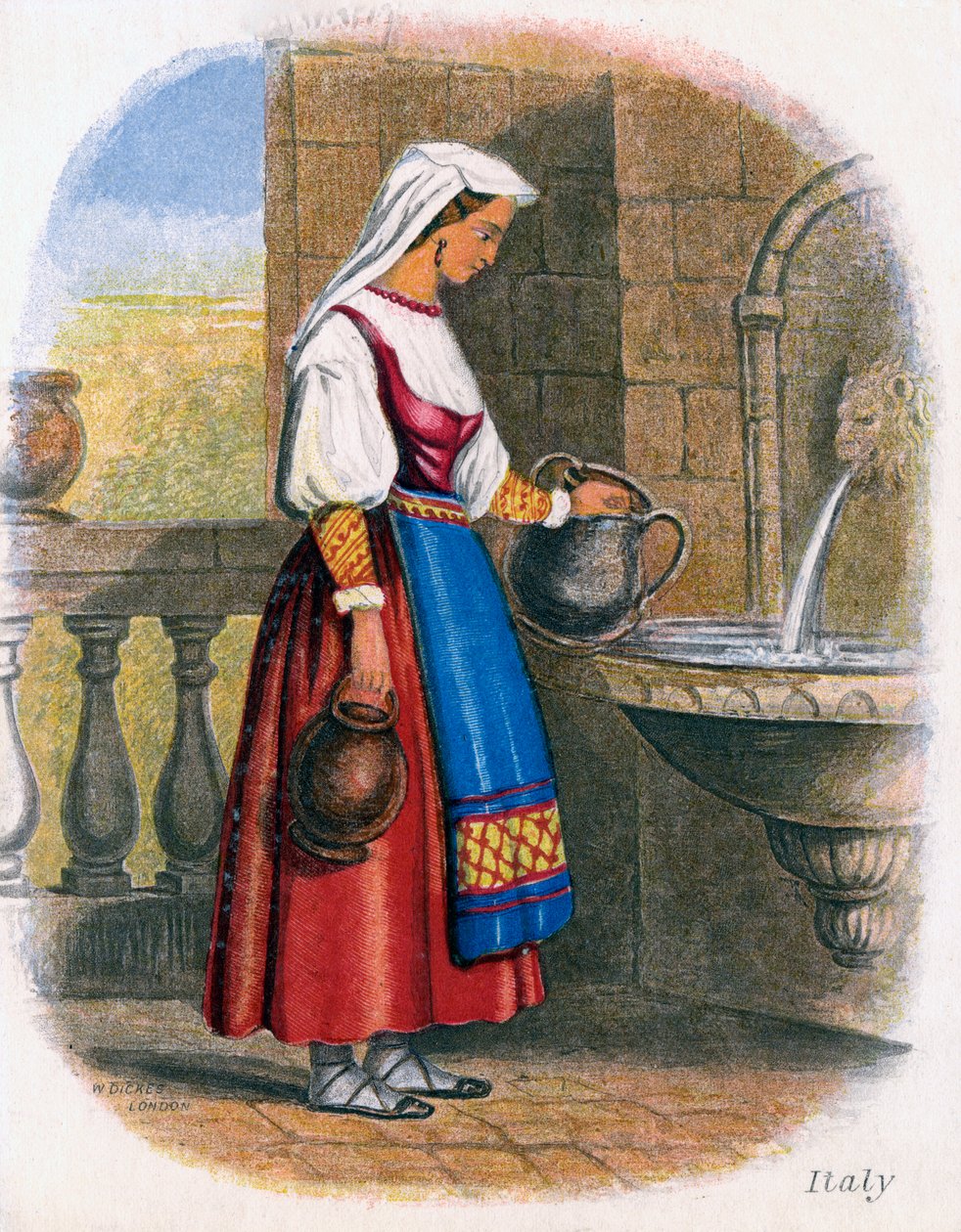 Italialainen nainen kerää vettä, 1809. tekijältä W. Dickes
