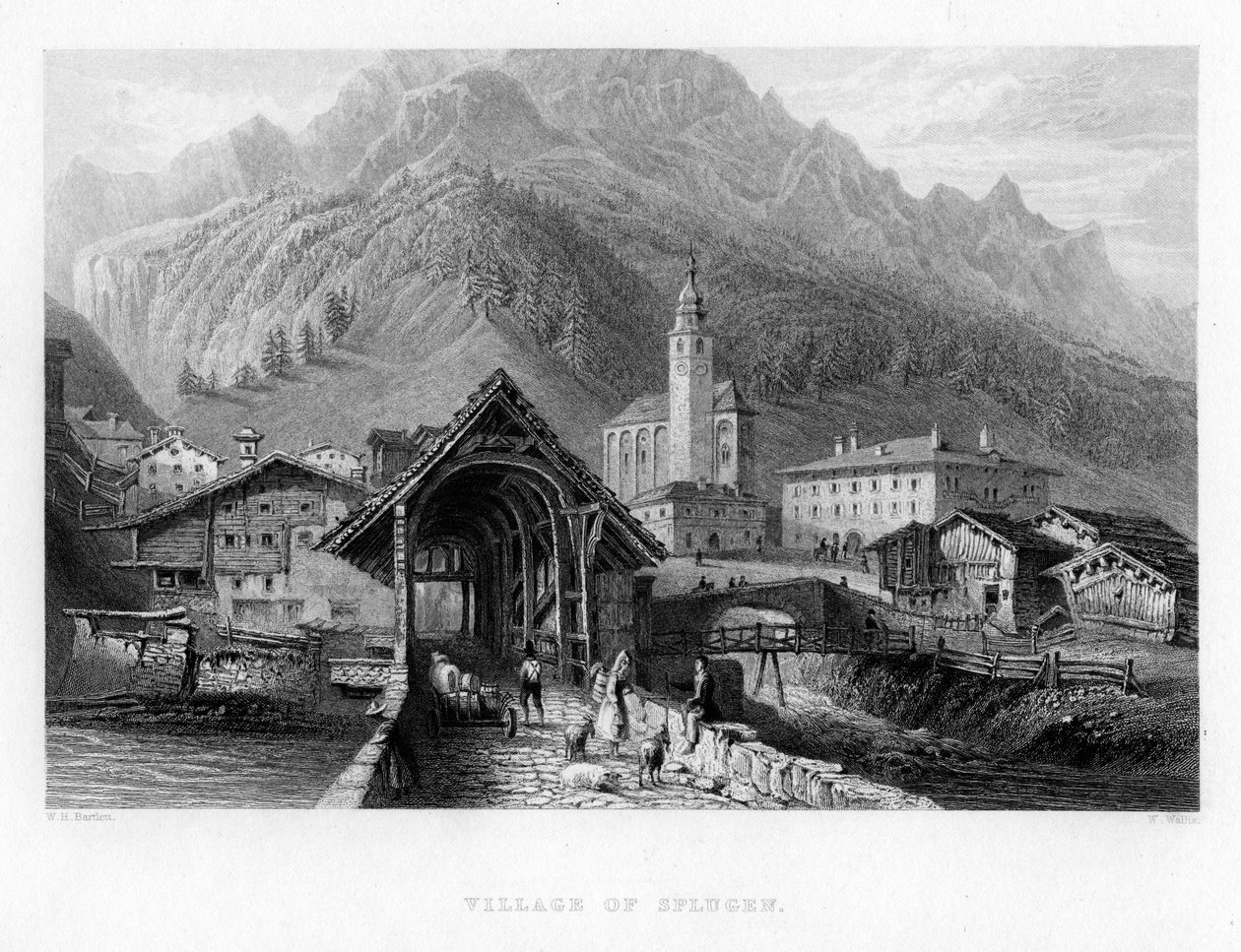 Splugenin kylä, Sveitsi, 1834 tekijältä W. Wallis