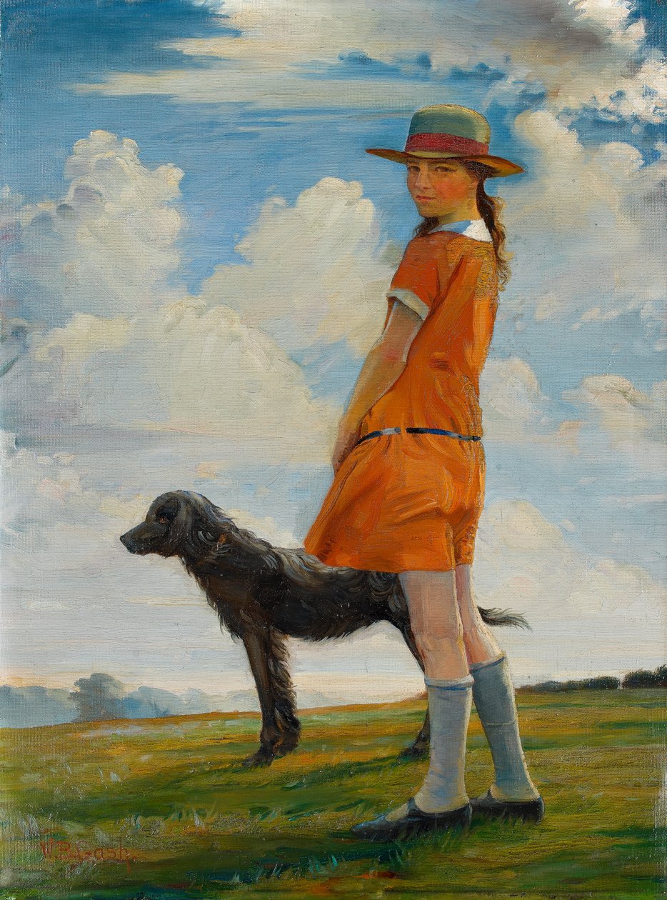 Taiteilijan tytär ulkoiluttaa kirkkoherran koiraa, n. 1924 tekijältä Walter Bonner Gash