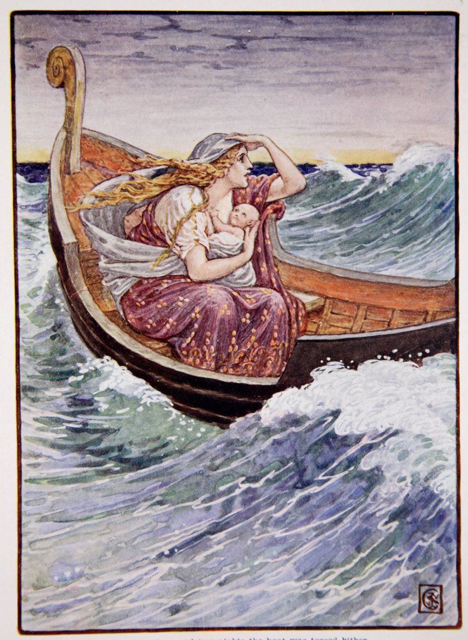 Kaksi päivää ja kaksi yötä venettä heitteltiin sinne tänne, kuvitus Mary Macgregorin kirjasta "The Story of Greece", 1. painos, 1913 (väripainatus) tekijältä Walter Crane