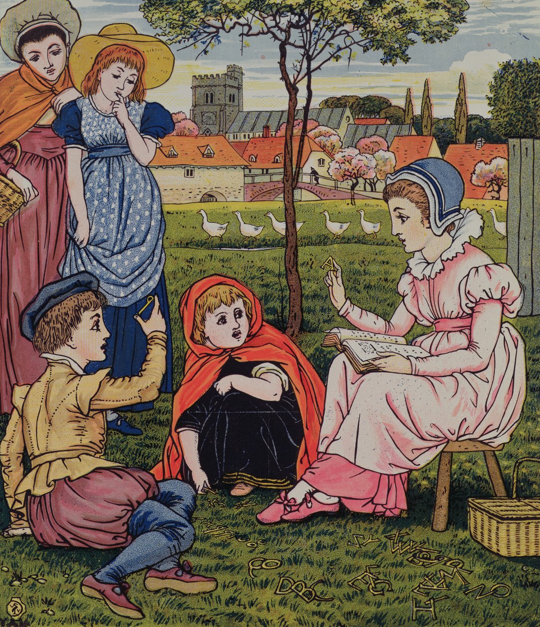 "Rouva Margery opettaa lapsia lukemaan": Little Goody Two Shoes tekijältä Walter Crane