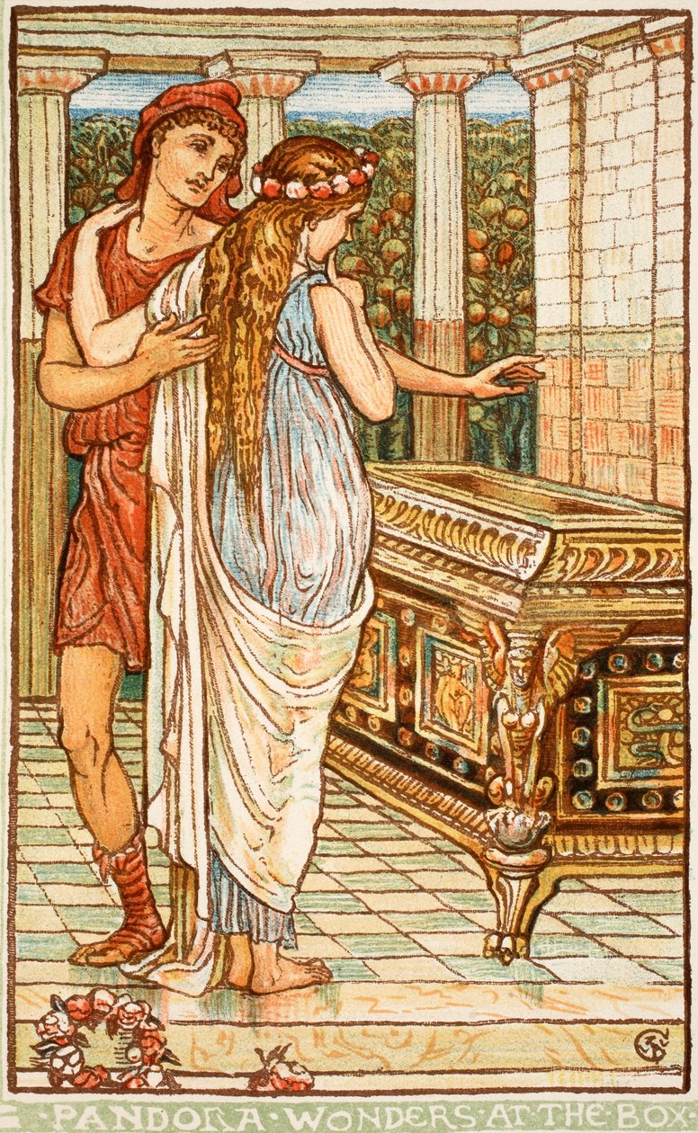 Pandora ihmettelee laatikkoa, kuvitus Nathanial Hawthornen "Ihmekirjasta tytöille ja pojille", 1852 tekijältä Walter Crane