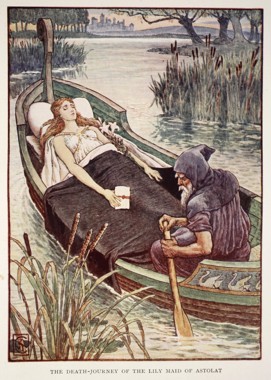 The Death Journey of the Lily Maid of Astolat, Henry Gilbertin teoksesta Stories of the Knights of the Round Table, ensimmäinen painos, 1911 tekijältä Walter Crane