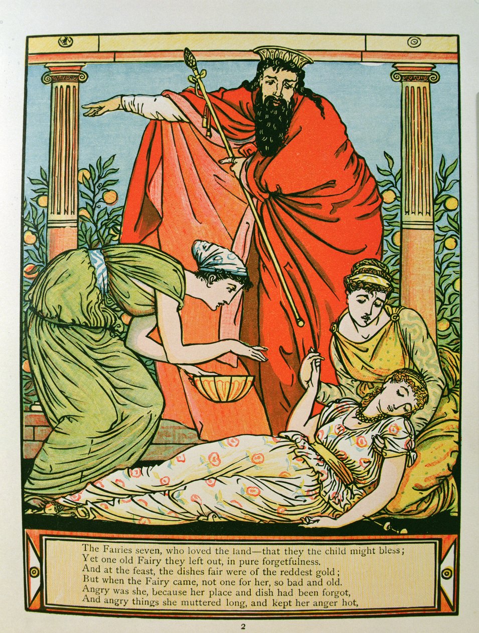 Prinsessa nukahtaa, kuvitus Charles Perraultin (1628-1703) teokseen "Sleeping Beauty" (värikaiverrus) tekijältä Walter Crane