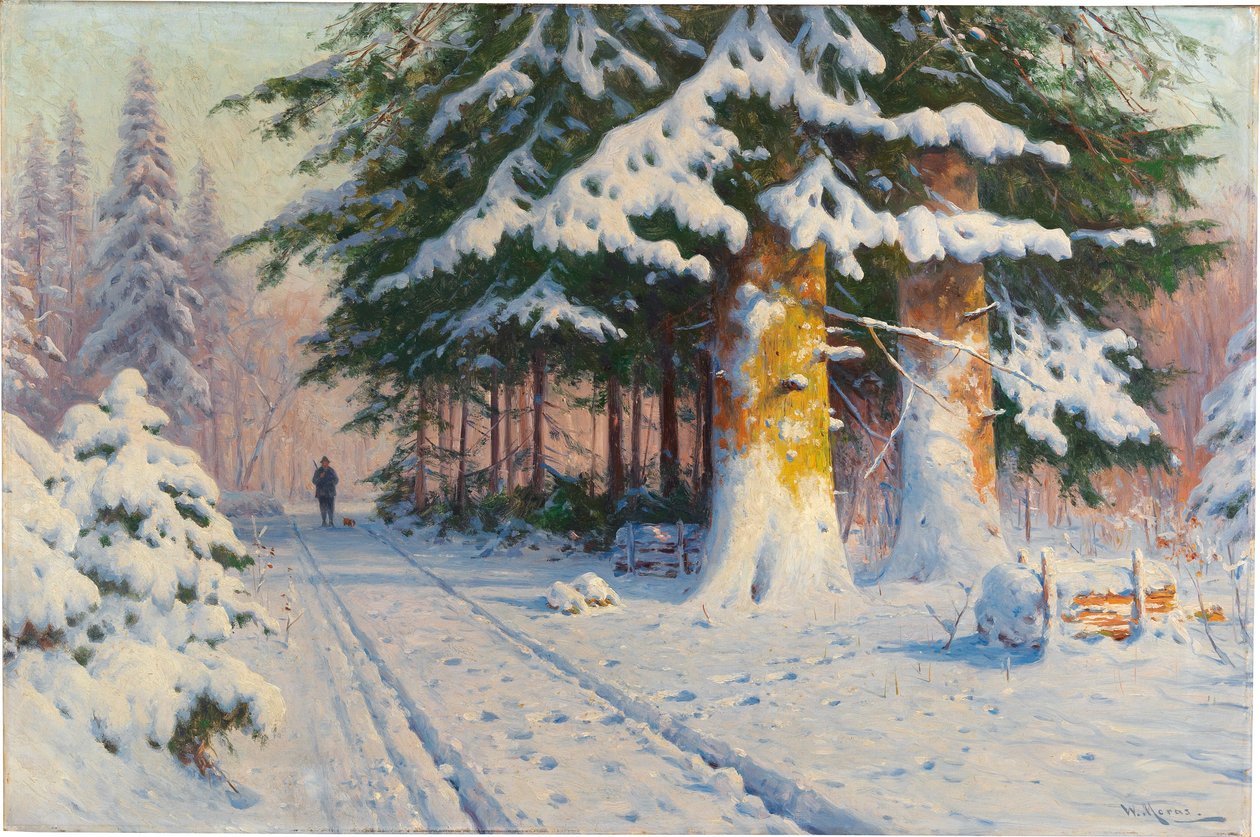 Metsästäjä palaa kotiin talvimetsässä tekijältä Walter Moras