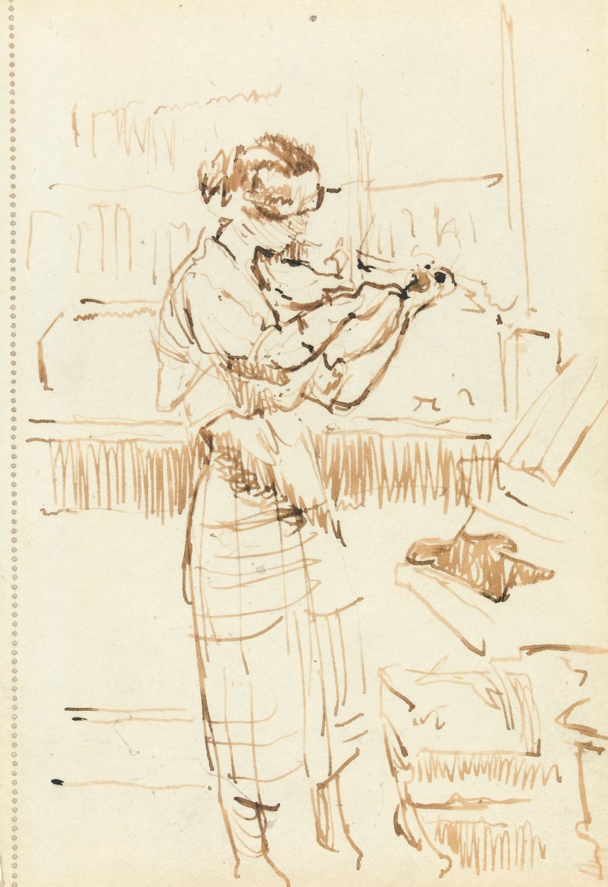 Tyttö soittaa viulua (kynä ja ruskea muste paperille) tekijältä Walter Richard Sickert