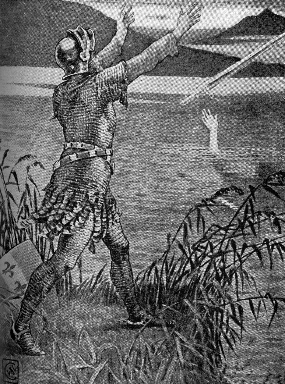 Kuningas Arthur - Sir Bedivere heittää Excaliburin. tekijältä Walter Crane