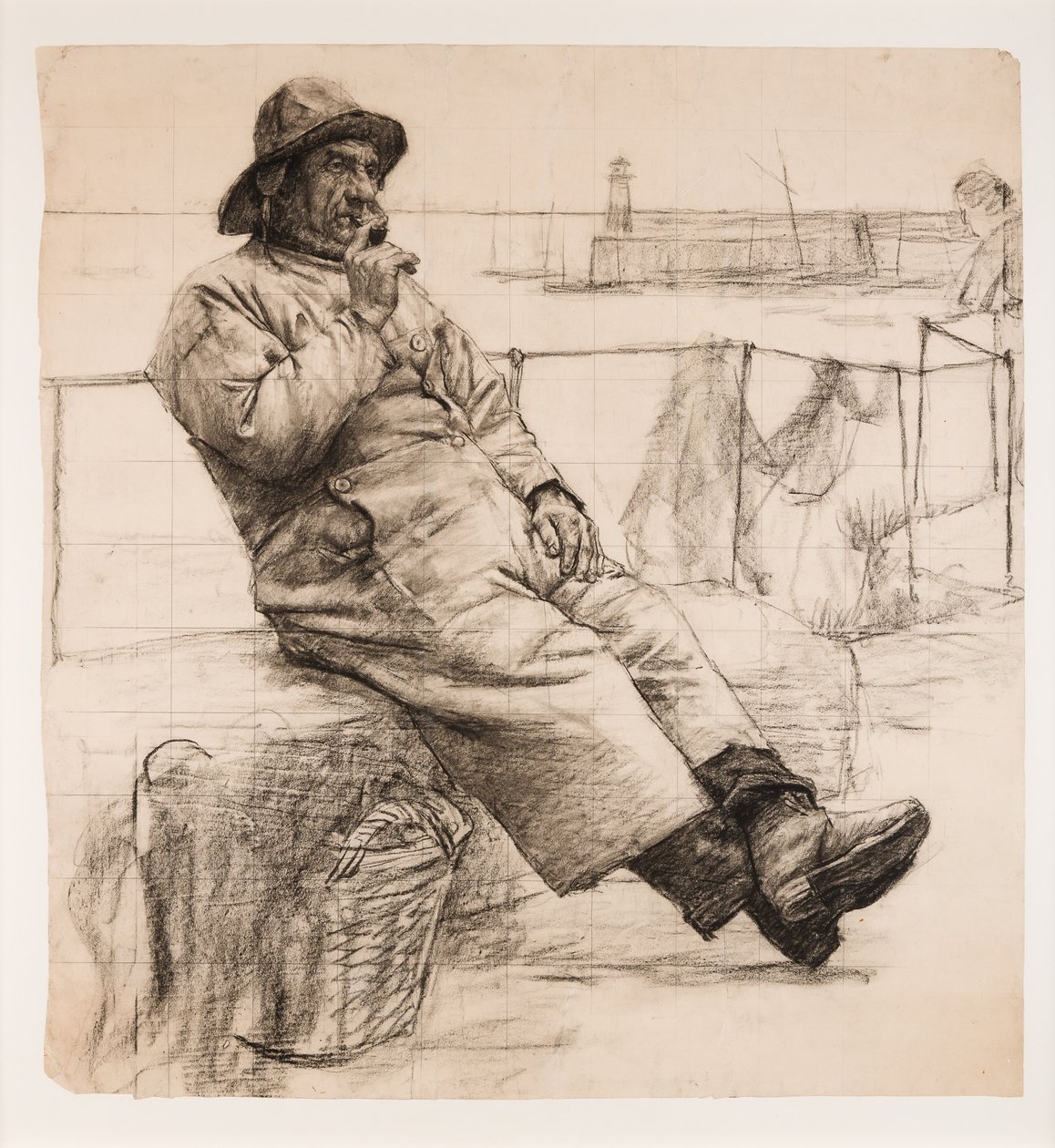 Piippua polttava kalastaja (hiili paperille) tekijältä Walter Langley