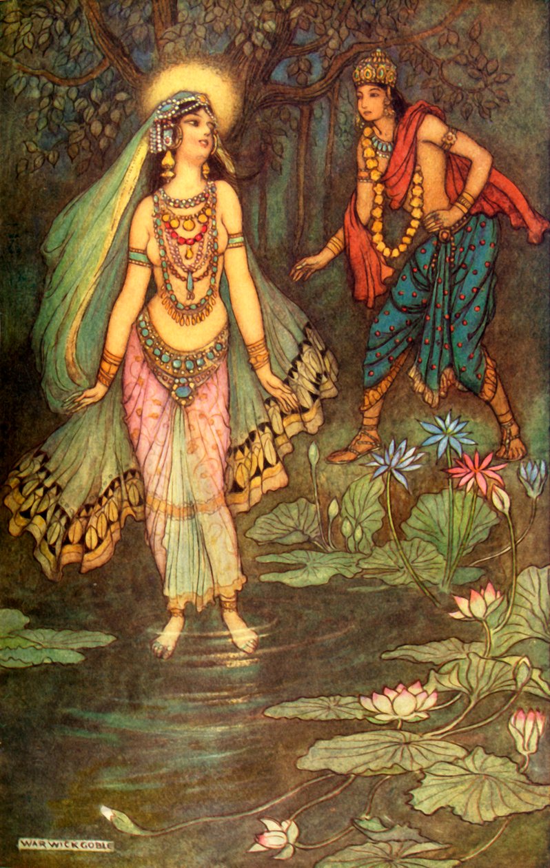"Shantanu tapaa jumalatar Gangan", 1913. tekijältä Warwick Goble