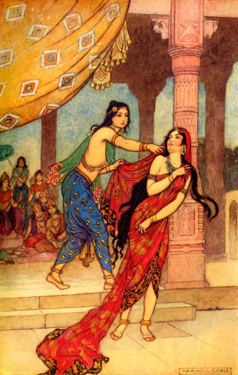 "Kuningatar Draupadin koettelemus", 1913. tekijältä Warwick Goble
