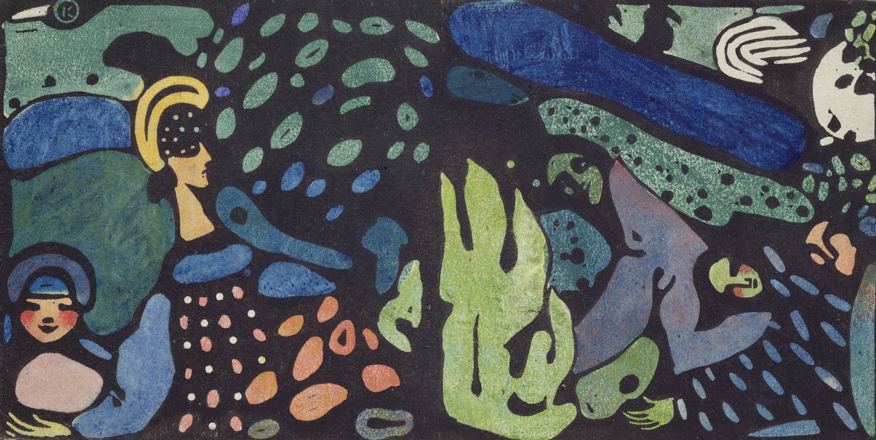 Unelmoivat lapset (linoleikkaus) tekijältä Wassily Kandinsky