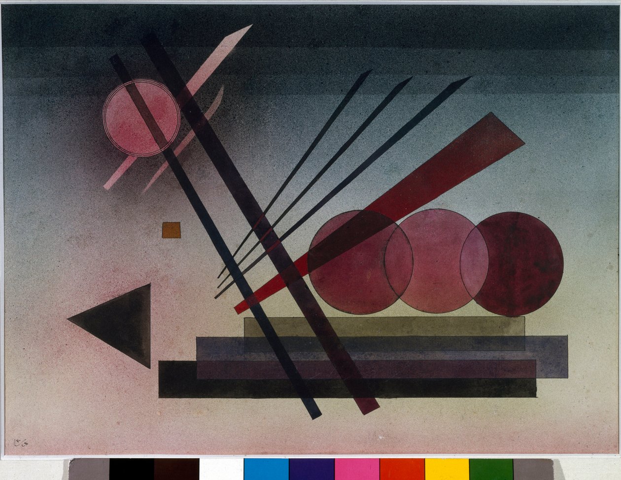 Ekspressionismi: "" Schwebende Kraft""" (riippuva voima) Vassily Kandinskyn (tai Wassily Kandinski tai Kandinskij, 1866-1944) akvarelli. 1928 Su. 34,5x47 cm Yksityinen kokoelma tekijältä Wassily Kandinsky