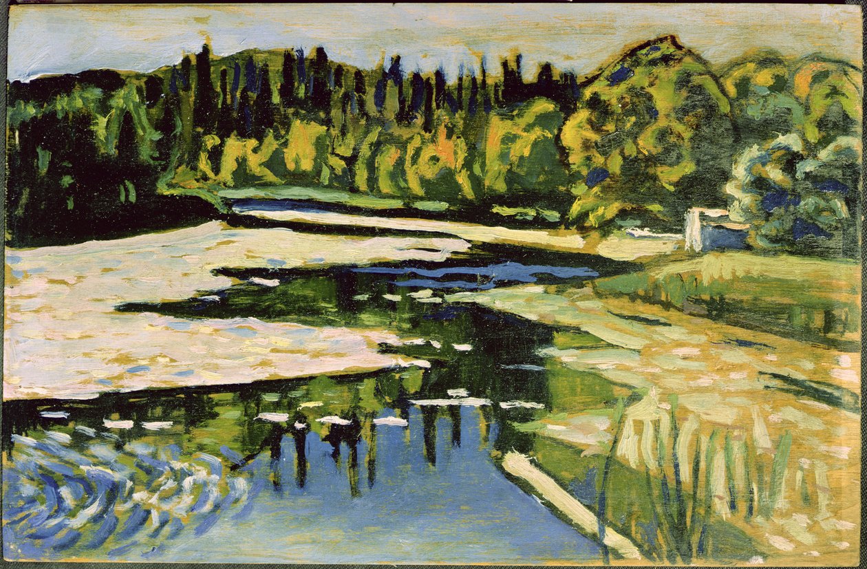 Joki syksyllä 1900 (öljy pahville) tekijältä Wassily Kandinsky
