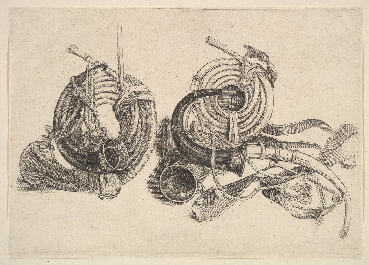 Viisi metsästyssarvea, 1625-77. tekijältä Wenceslaus Hollar