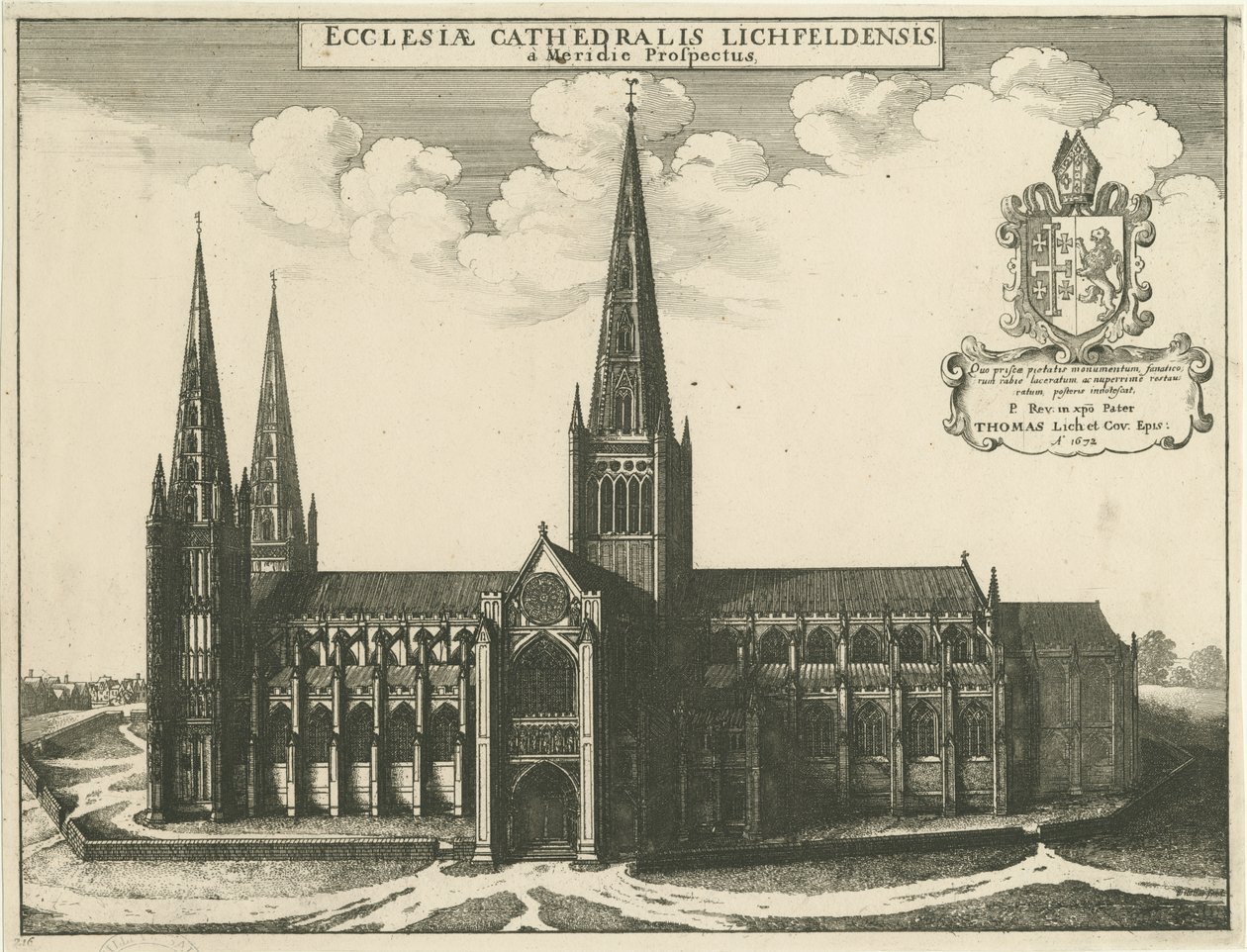 Lichfieldin katedraali - Etelänäkymä: kaiverrus, 1672 tekijältä Wenceslaus Hollar
