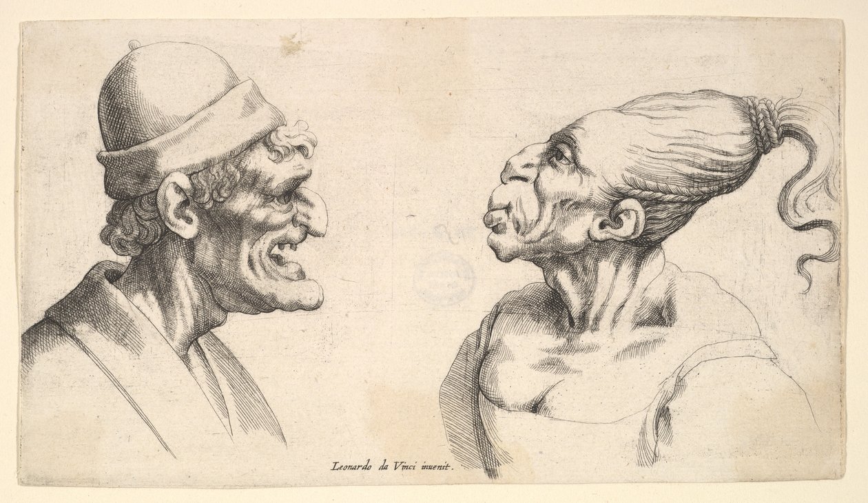 Kaksi epämuodostunutta päätä, 1625-77. tekijältä Wenceslaus Hollar