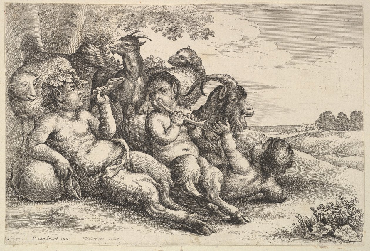 Kaksi nuorta satyyriä ja poika, 1647. tekijältä Wenceslaus Hollar