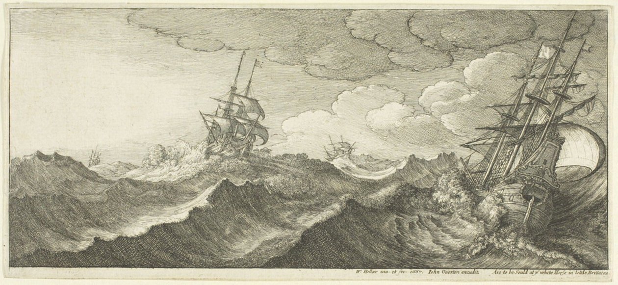 Sota-alus aallon aallonpohjassa tekijältä Wenceslaus Hollar