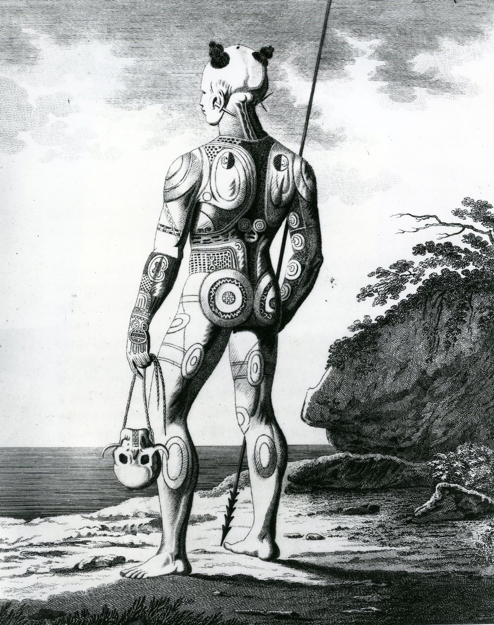 Nuori Noukahiwan-mies, joka ei ole täysin tatuoitu, 1813 tekijältä Wilhelm Gottlieb Tilesius von Tilenau