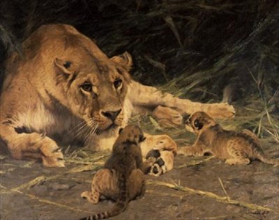 Leijona ja hänen pennut tekijältä Wilhelm Kuhnert
