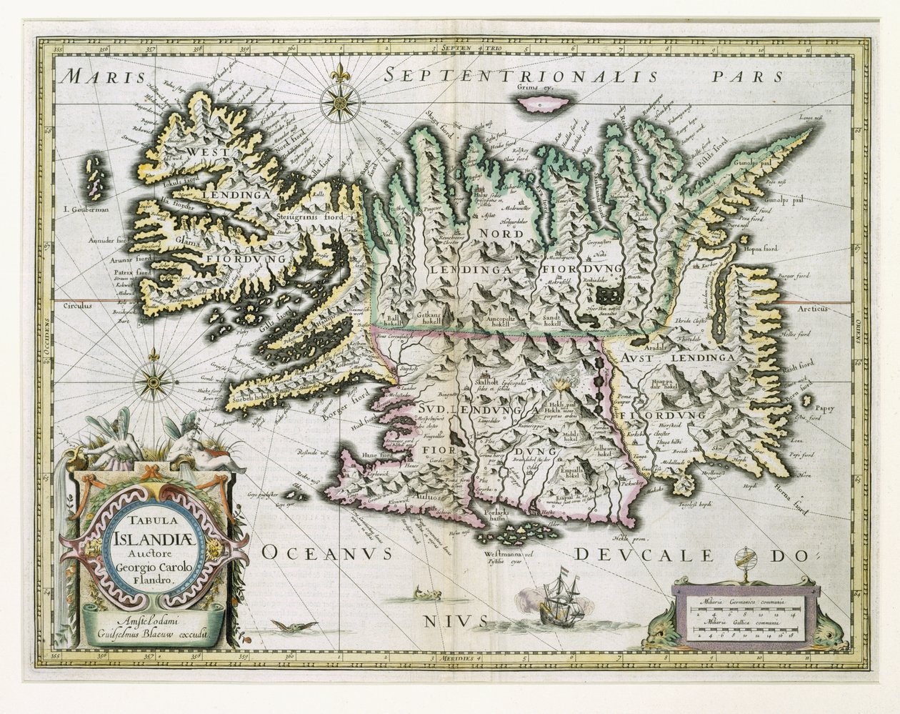 Islannin kartta (värikaiverrus) tekijältä Willem Janszoon Blaeu