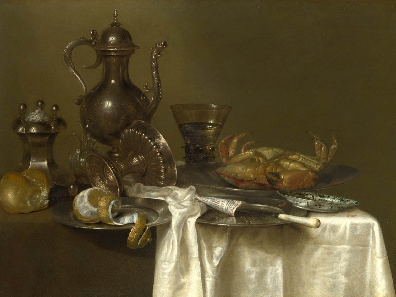 Asetelma: Tina- ja hopeaastiat ja rapu, n. 1633-1637 tekijältä Willem Claesz. Heda