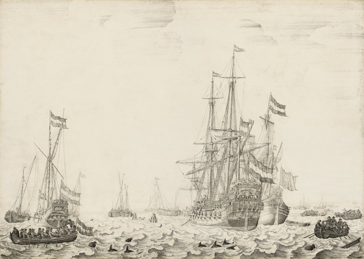 Hollantilaiset laivat lähellä rannikkoa, 1650-luvun alku tekijältä Willem van de Velde