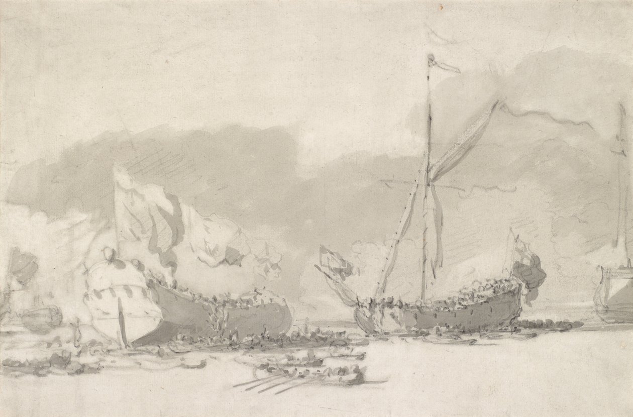 Yksikerroksisen sotalaivan laukaisu ja kuninkaallinen huvijahti, 1600-luvun loppu - 1700-luvun alku (musta liitu ja harmaa pesu paperille) tekijältä Willem van de Velde