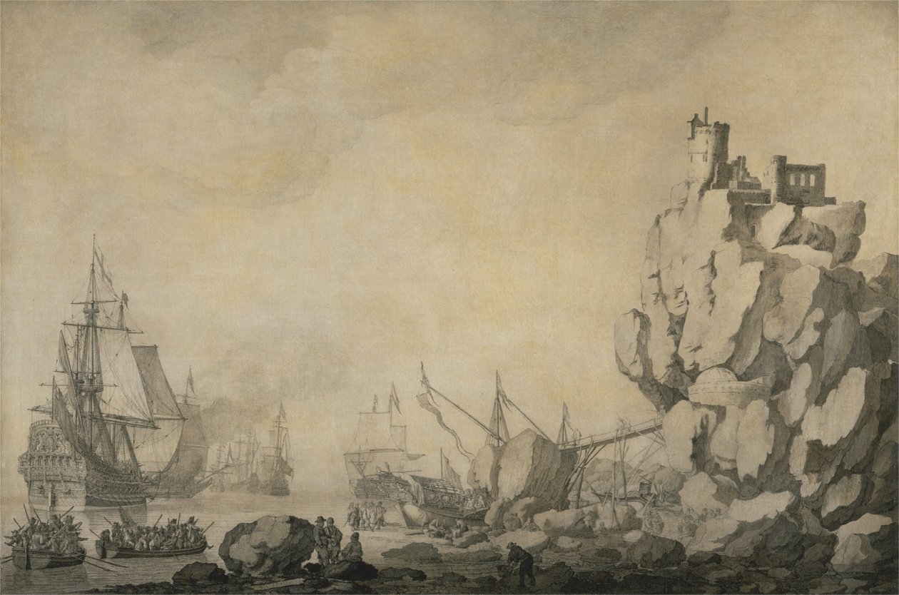 Laivat ja miliisi kalliorannikolla tekijältä Willem van de Velde the Elder