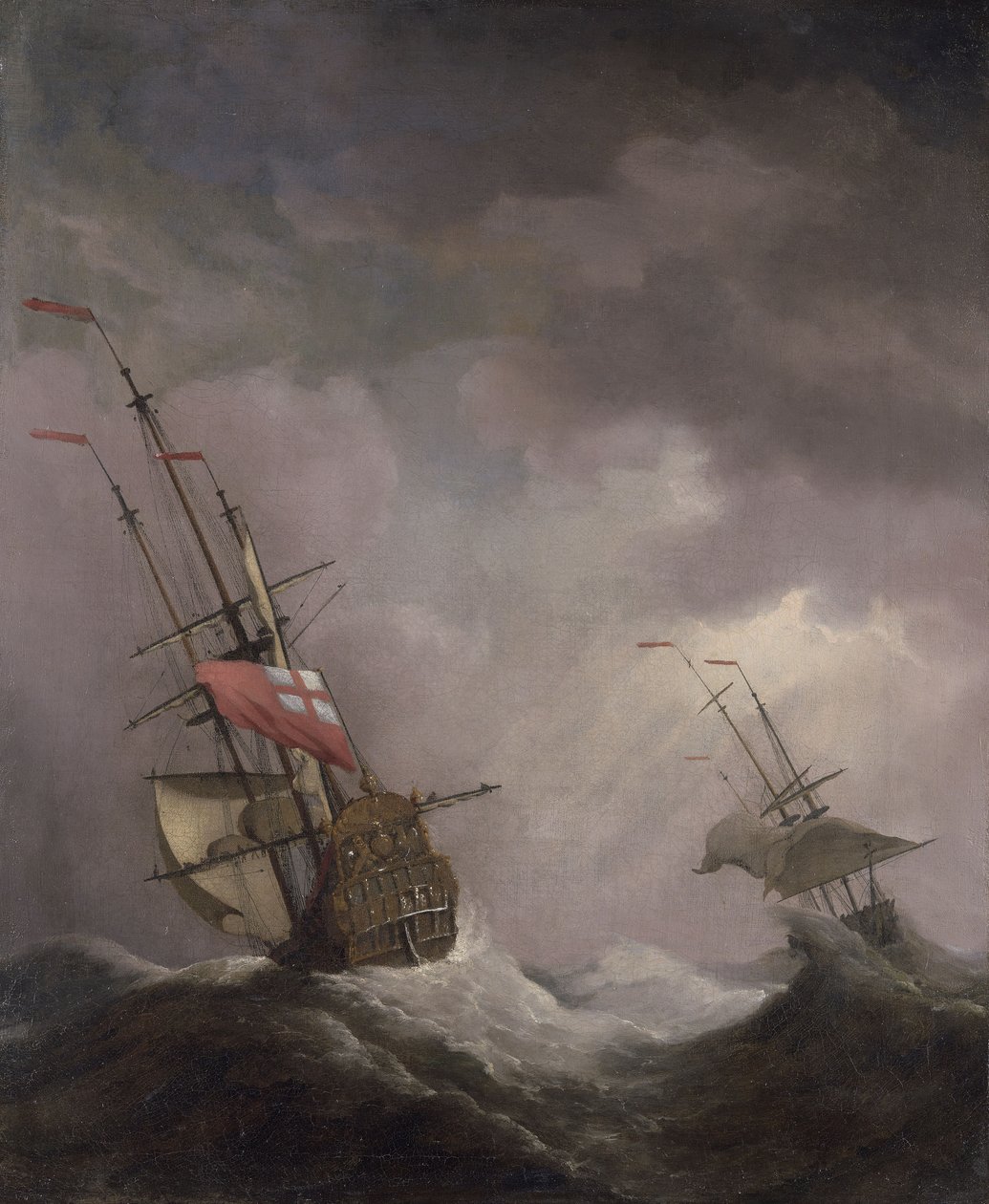 Englantilainen laiva merellä juoksee Gale tekijältä Willem van de Velde the Younger