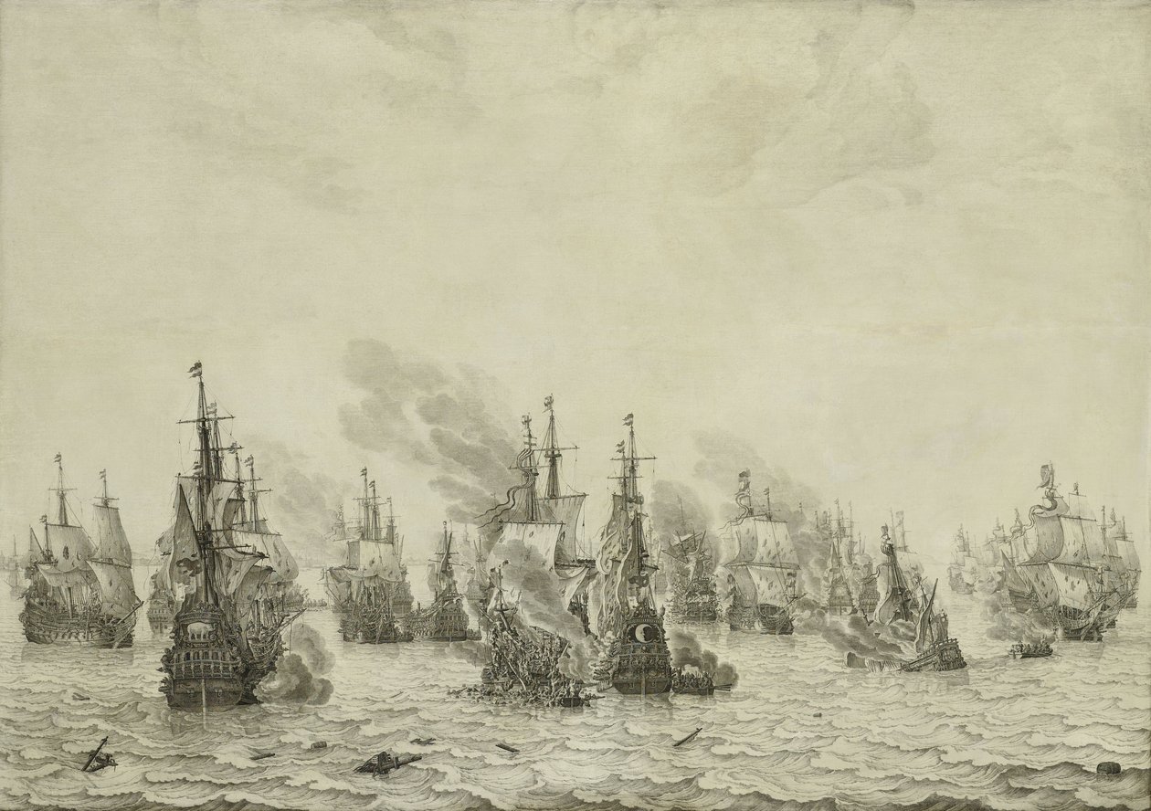 Livornon tai Leghornin taistelu, n. 1659-1699 (kynämaalaus paneelissa) tekijältä Willem van de Velde the Elder