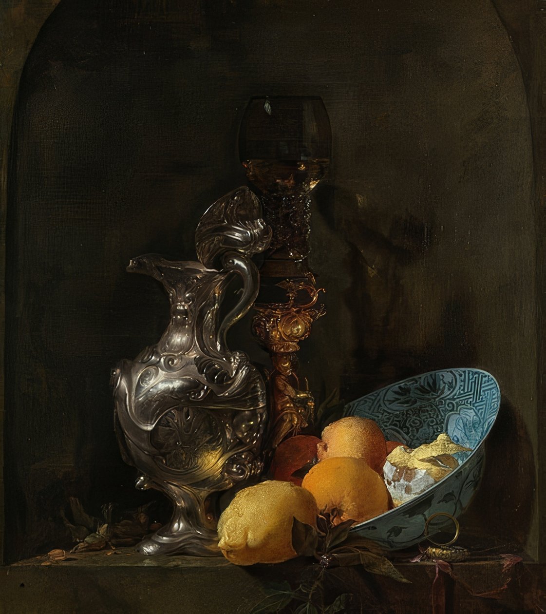 Asetelma hopeakannulla ja posliinikulholla. 1655-60 tekijältä Willem Kalf