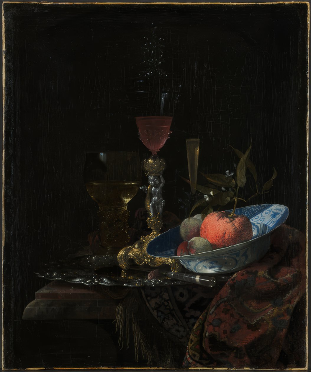 Viinilasi ja kulhollinen hedelmiä tekijältä Willem Kalf