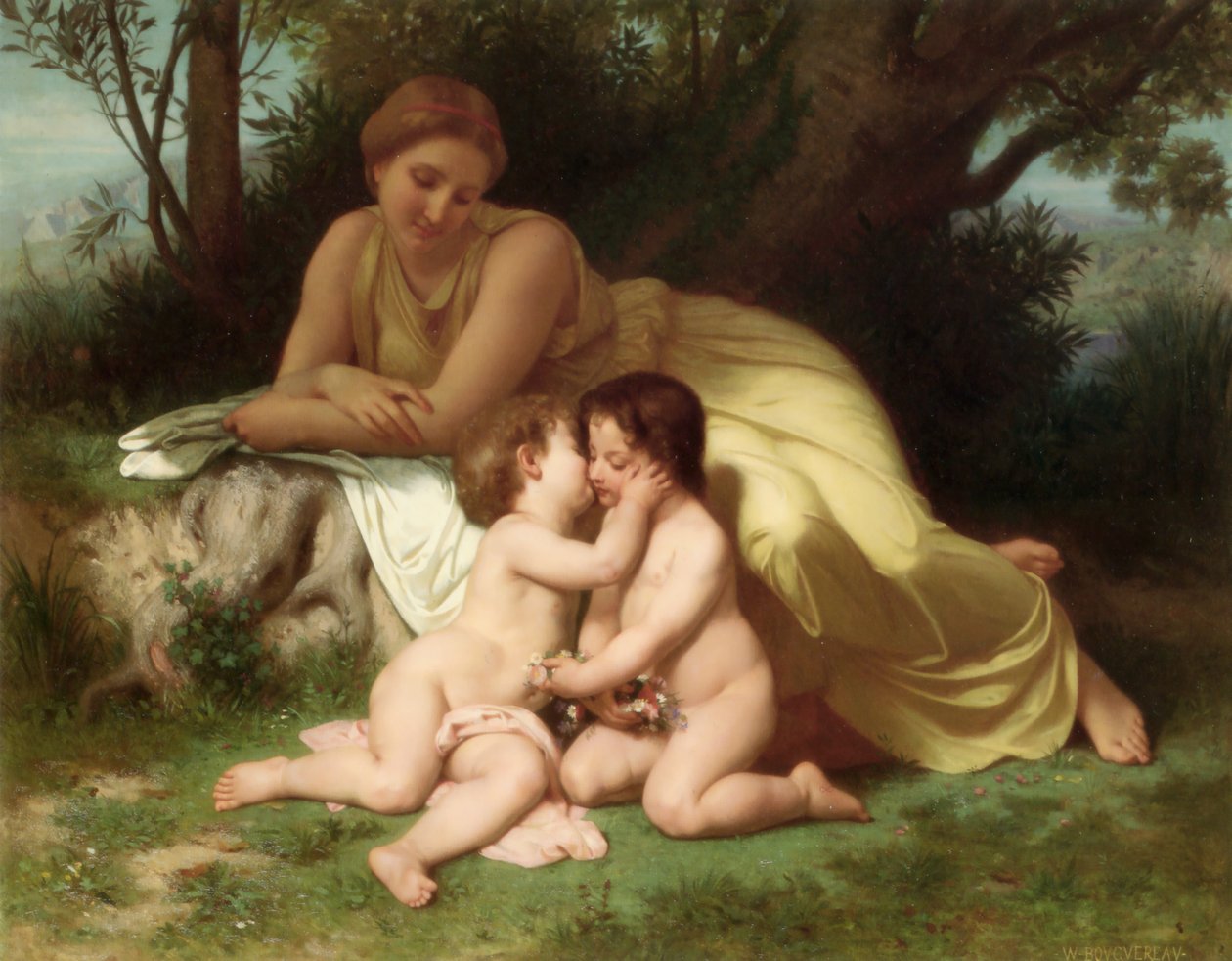 Nuori nainen mietteli kahta syleilevää lasta (1861) tekijältä William Adolphe Bouguereau