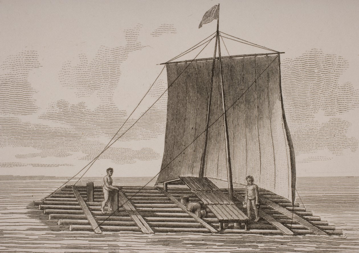 Eteläamerikkalainen balsa-lautta, kaiverrus Thomas Milton (1743-1827) 1820 tekijältä William Anderson