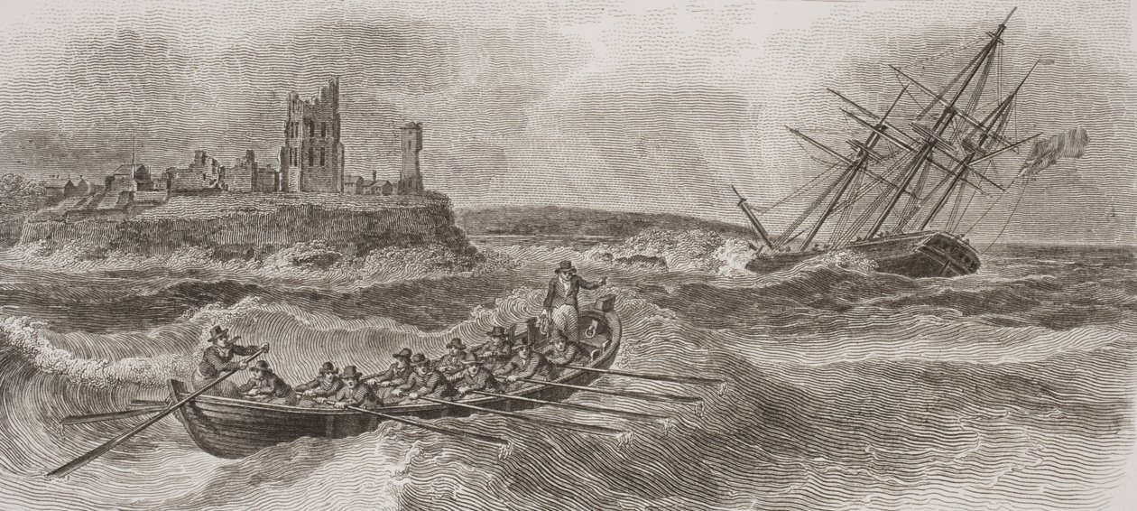 Pelastusvene, joka soutti hajoavan purjelaivan pelastamiseksi, kaiverrus Thomas Milton (1743-1827) 1820 tekijältä William Anderson