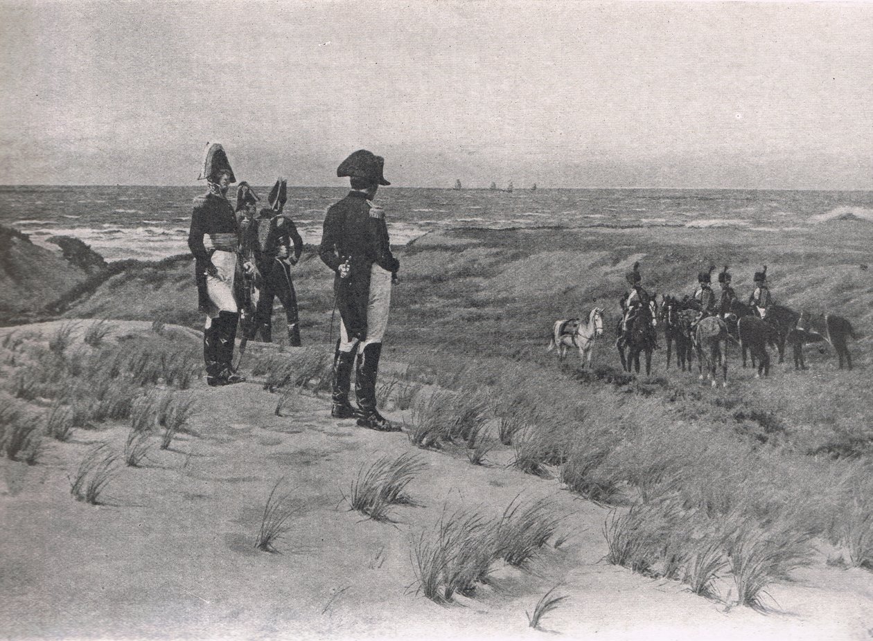 Napoleon Surveys the Englannin kanaali, kuvitus "British Battles on Land and Sea" -julkaisusta, julkaisija Cassell, Lontoo, n. 1910 tekijältä William Barnes Wollen