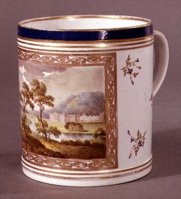 Pinxton-muki, maalattu näköalalla Chatsworthiin, n. 1800 (posliini) tekijältä William Billingsley