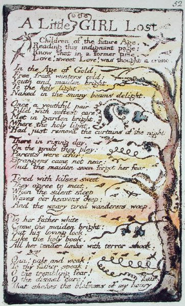Pieni tyttö kadonnut, levy 52 (Bentley 51) teoksesta Songs of Innocence and of Experience (Bentley Copy L) 1789-94 (kohotettu etsaus kynällä ja wc:llä) tekijältä William Blake